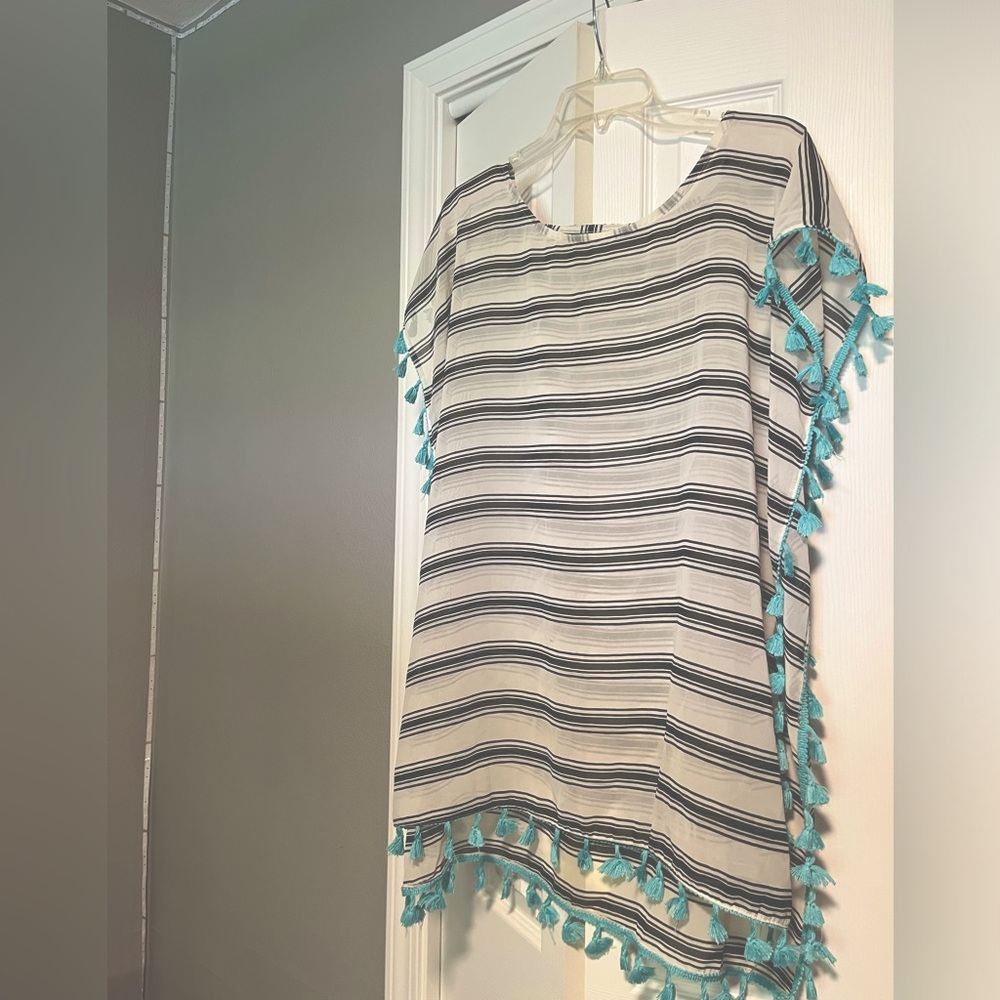 Women’s Swim Cover-Up, Sheer, B&W Stripe, Aqua-Fringed, Over-Sized Poncho-style